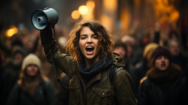 Uma jovem linda a gritar no megafone.