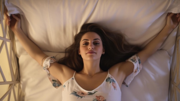 Uma jovem linda acorda em sua cama e recebe o novo dia com um sorriso radiante enquanto olha diretamente para a câmera