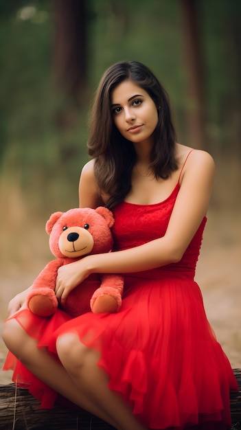 Uma jovem linda com um vestido vermelho e um ursinho de pelúcia sentado na natureza
