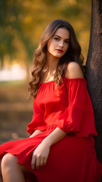 Uma jovem linda de vestido vermelho senta-se no parque em um dia ensolarado