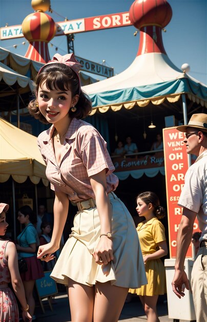 Foto uma jovem linda dos anos 50 a divertir-se num carnaval.