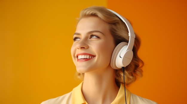 Uma jovem linda ouvindo música sorrindo rindo de felicidade em um fundo laranja