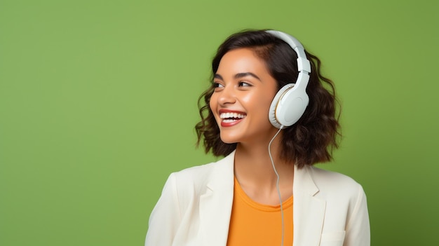 Uma jovem linda ouvindo música sorrindo rindo de felicidade em um fundo verde