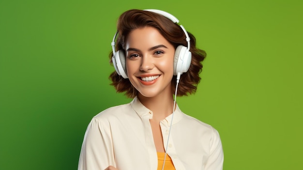 Uma jovem linda ouvindo música sorrindo rindo de felicidade em um fundo verde