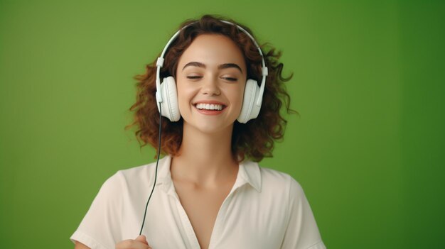 Uma jovem linda ouvindo música sorrindo rindo de felicidade em um fundo verde