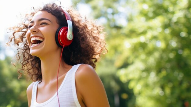 Uma jovem linda ouvindo música sorrindo rindo de felicidade em um fundo verde