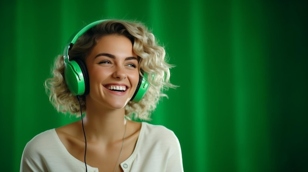 Uma jovem linda ouvindo música sorrindo rindo de felicidade em um fundo verde