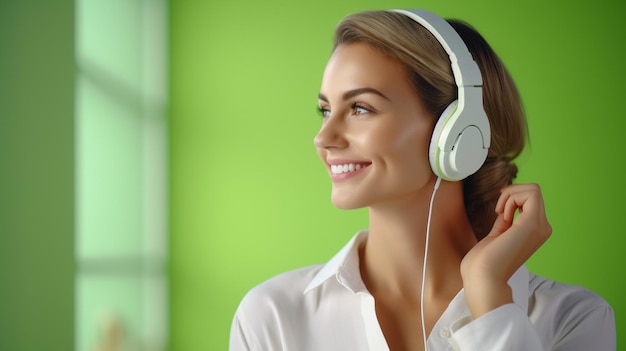 Uma jovem linda ouvindo música sorrindo rindo de felicidade em um fundo verde