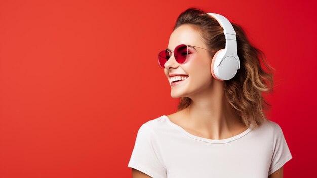 Foto uma jovem linda ouvindo música sorrindo rindo de felicidade em um fundo vermelho