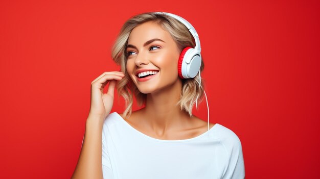 Foto uma jovem linda ouvindo música sorrindo rindo de felicidade em um fundo vermelho