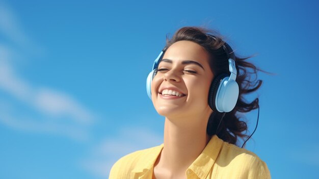 Uma jovem linda ouvindo música sorrindo rindo de felicidade fundo azul