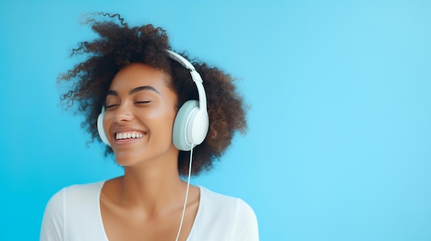 Uma jovem linda ouvindo música sorrindo rindo de felicidade fundo azul