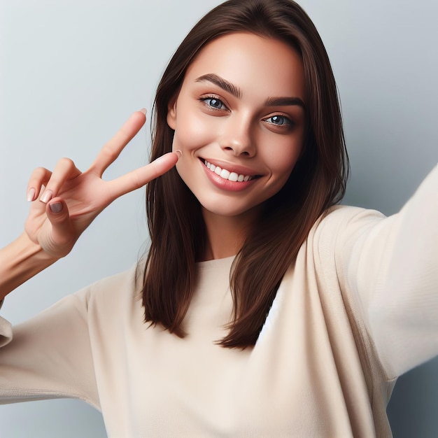 Uma jovem linda tirando uma selfie fazendo um sinal de paz uma menina feliz sorrindo mostrando um sinal