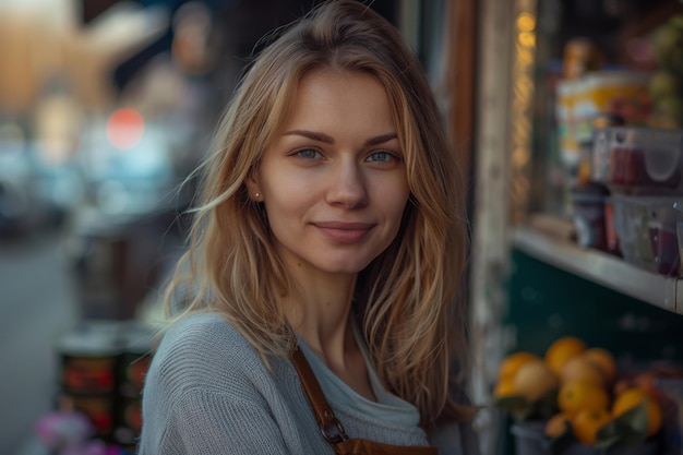 Uma jovem linda, uma vendedora bem sucedida, sorrindo numa pequena boutique. Perfeito.