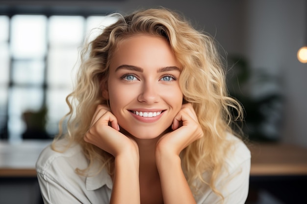 Uma jovem loira bonita com as mãos no queixo fecha a foto sentada em um escritório iluminado com um sorriso cheio de dentes