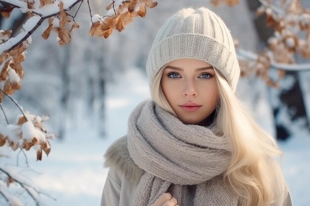 uma jovem loira bonita em roupas de inverno caminhando em uma floresta coberta de neve