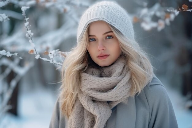 uma jovem loira bonita em roupas de inverno caminhando em uma floresta coberta de neve