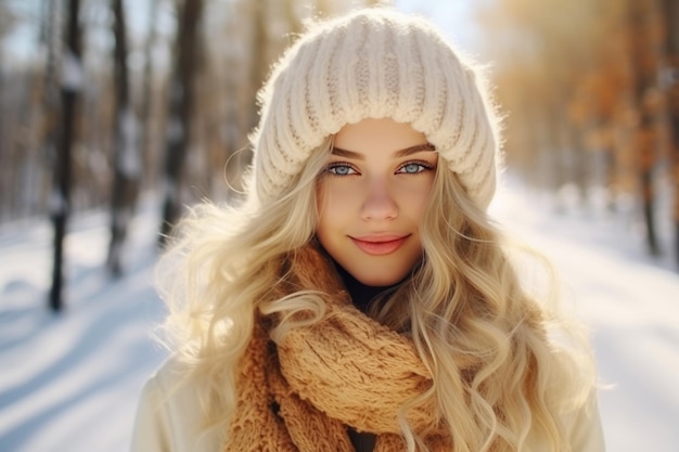 uma jovem loira bonita em roupas de inverno caminhando em uma floresta coberta de neve