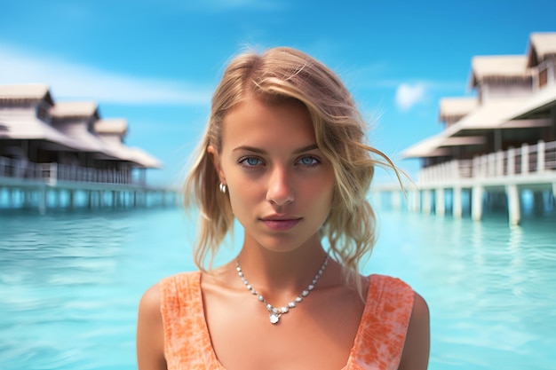 uma jovem loira com cabelos soltos em um fundo de mar de verão tropical uma garota