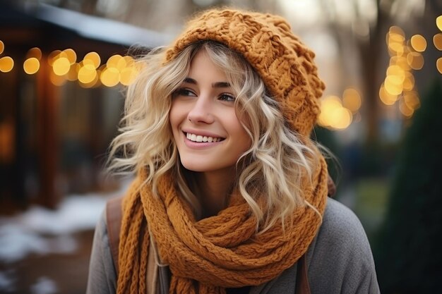 Uma jovem loira feliz com um lenço de tricô e um boné caminha pela rua.