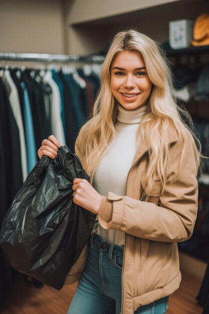 Uma jovem loira segurando um saco de roupas que ela está comprando criado com IA generativa