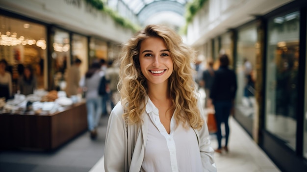 Uma jovem loira sorrindo em um shopping center