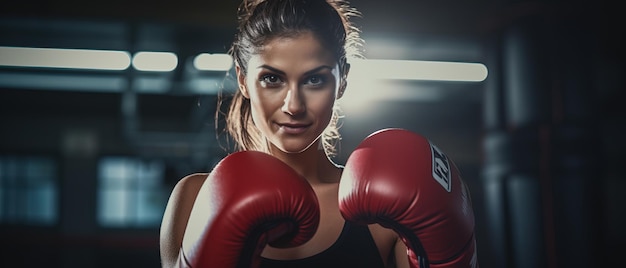 Uma jovem lutadora com luvas de boxe vermelhas olhando para a câmera