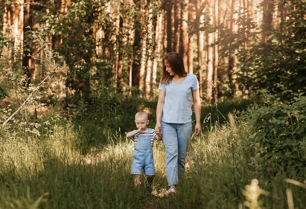 Uma jovem mãe caminha pela mão com seu filho pela floresta no verão em um dia ensolarado