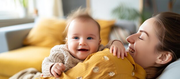 Foto uma jovem mãe feliz a beijar um bebé adorável em casa, um bebé bonito nos braços da mãe.