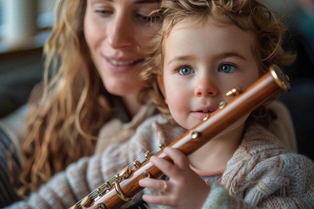 Uma jovem mãe sorridente a desfrutar de música com uma criança bonita de cabelos ondulados a tocar uma flauta de madeira dentro de casa.