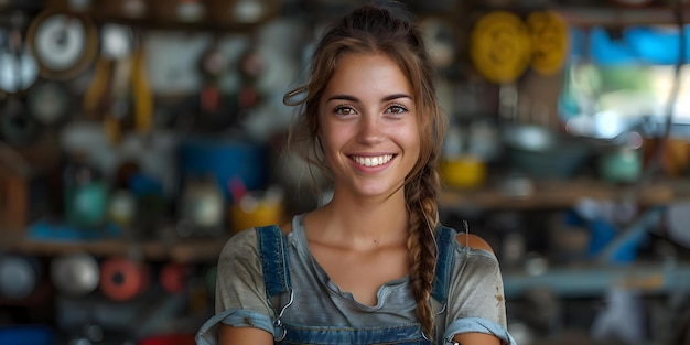 Uma jovem mecânica sorrindo com os braços cruzados em uma oficina de reparo de automóveis Concept Portrait Female Empowerment Automotive Industry Smiling Mechanic Auto Repair Shop