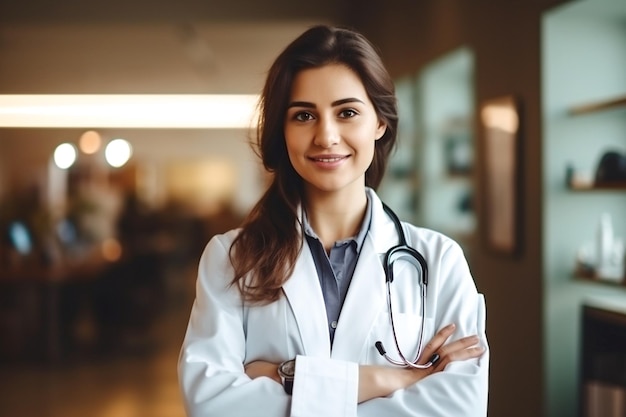 Foto uma jovem médica de bebês em uma camisa de laboratório e estetoscópio com braços dobrados de pé no corredor do hospital