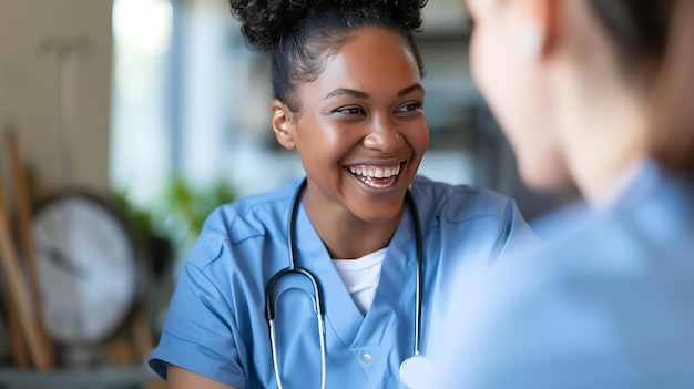 Foto uma jovem médica está falando com um paciente ela está sorrindo e tem um estetoscópio ao redor do pescoço