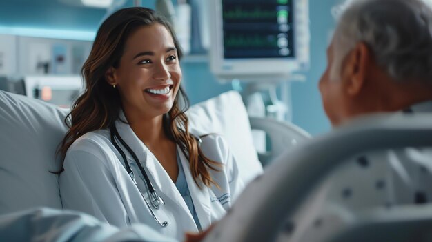 Foto uma jovem médica está sentada na borda da cama de um paciente sorrindo para ele o paciente é um homem idoso e ele está sorrindo de volta para o médico