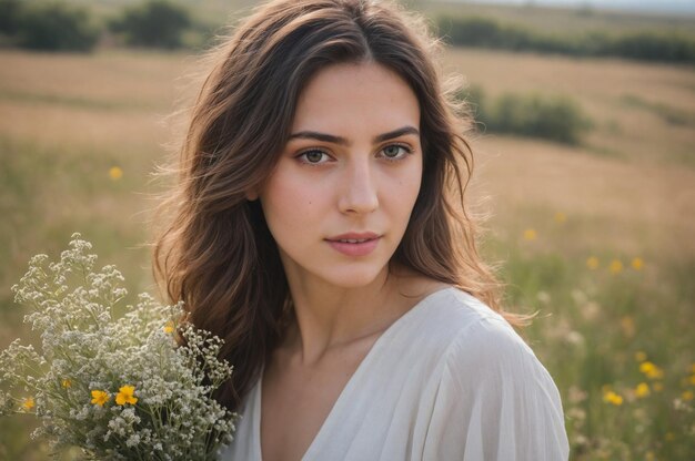 Uma jovem mediterrânea com flores silvestres naturais