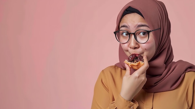 Uma jovem muçulmana de hijab comendo datespalm fez comida em um fundo vazio e limpo com um grande espaço de cópia representando o Ramadan comida saudável IA geradora