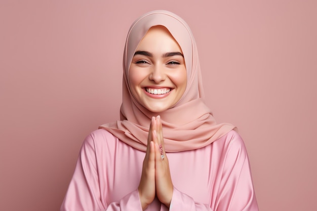 Uma jovem muçulmana em um hijab rosa está sorrindo e olhando para a câmera