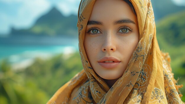 Uma jovem muçulmana inocente com um lenço na cabeça admirando a paisagem e os recursos naturais do paraíso na Terra