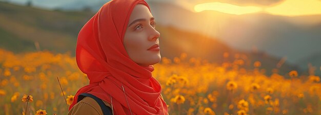 Uma jovem muçulmana inocente com um lenço na cabeça admirando a paisagem e os recursos naturais do paraíso na Terra