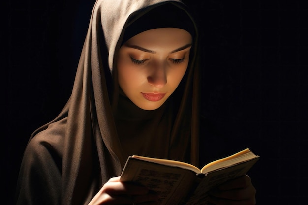 Foto uma jovem muçulmana lê o alcorão oração das mulheres fé em deus livro sagrado