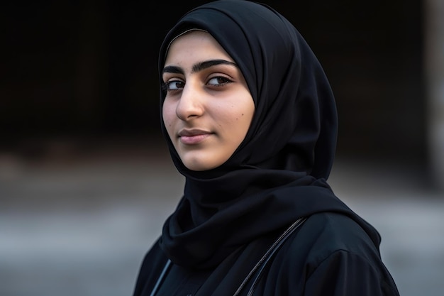 Uma jovem muçulmana usando um hijab preto criado com IA generativa