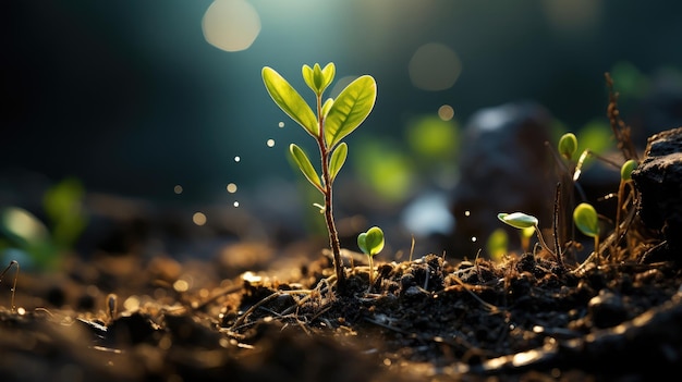 Uma jovem mudinha verde cresce do chão Tema de jardinagem e ecologia