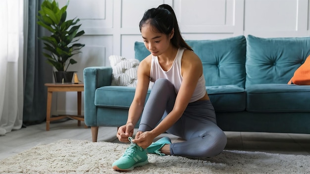 Uma jovem mulher amarrando seus atacadores em casa na sala de estar para fitness