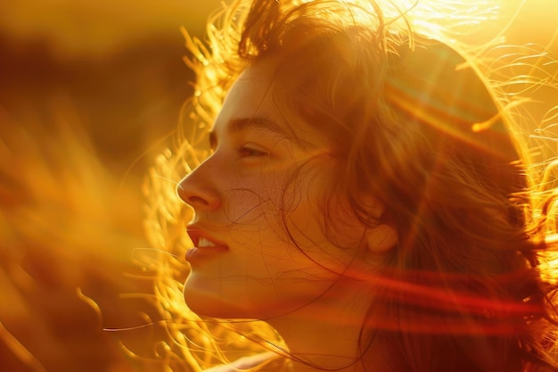 Uma jovem mulher brilha no caloroso brilho do sol, encarnando o espírito de aventura e exploração.