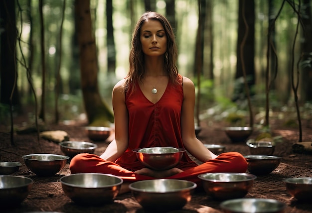 Uma jovem mulher caucasiana morena de roupa vermelha e cabelo longo está meditando em uma floresta cercada por inúmeras tigelas de canto tibetanas focadas na profunda serenidade interior conceito de cura sonora