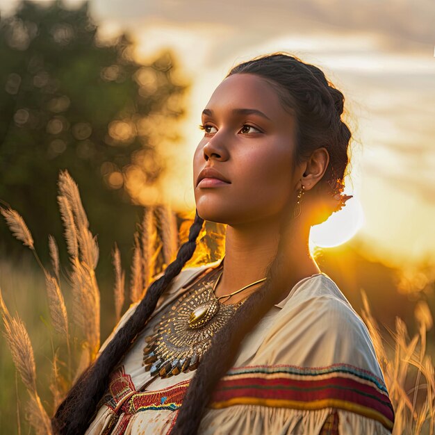 Foto uma jovem mulher cherokee em um prado olhando para o céu vestindo roupas tribais sunset lança dourado