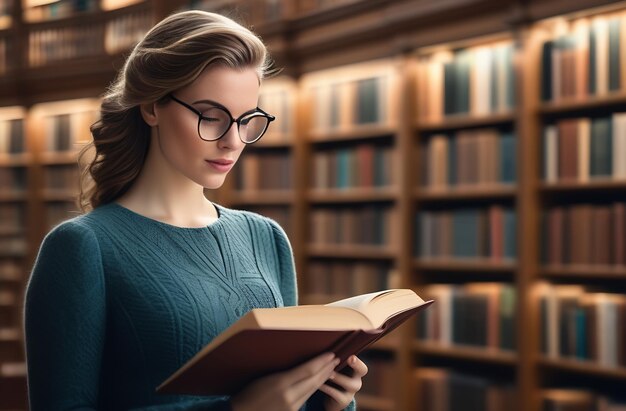 Uma jovem mulher com óculos lê um livro na biblioteca da universidade o fundo desfocado do