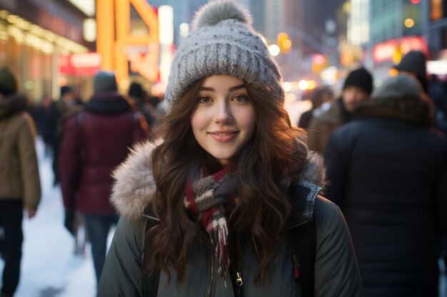 uma jovem mulher com um chapéu de inverno de pé no meio de uma rua movimentada da cidade