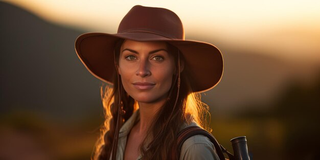 Uma jovem mulher com um chapéu e uma mochila nas costas viaja e sobe as montanhas IA generativa