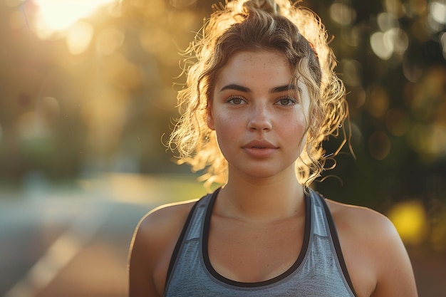 Foto uma jovem mulher com um rabo de cavalo e uma camisa cinza está de pé na frente de uma árvore